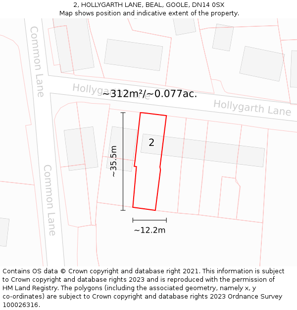 2, HOLLYGARTH LANE, BEAL, GOOLE, DN14 0SX: Plot and title map