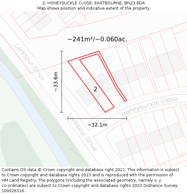 2, HONEYSUCKLE CLOSE, EASTBOURNE, BN23 8DA: Plot and title map