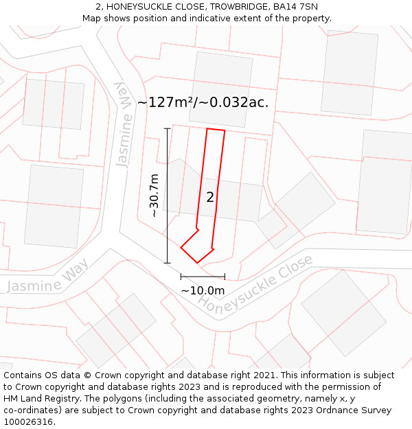 2, HONEYSUCKLE CLOSE, TROWBRIDGE, BA14 7SN: Plot and title map