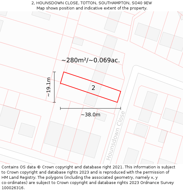 2, HOUNSDOWN CLOSE, TOTTON, SOUTHAMPTON, SO40 9EW: Plot and title map