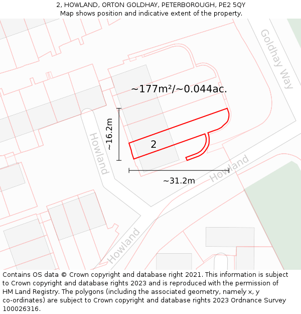 2, HOWLAND, ORTON GOLDHAY, PETERBOROUGH, PE2 5QY: Plot and title map