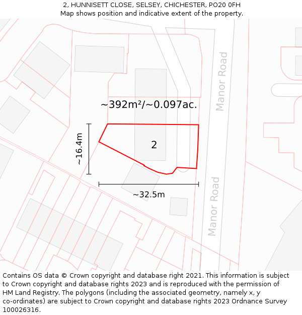 2, HUNNISETT CLOSE, SELSEY, CHICHESTER, PO20 0FH: Plot and title map