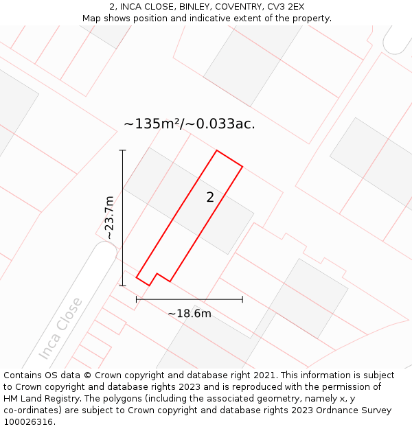 2, INCA CLOSE, BINLEY, COVENTRY, CV3 2EX: Plot and title map