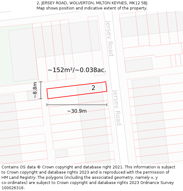 2, JERSEY ROAD, WOLVERTON, MILTON KEYNES, MK12 5BJ: Plot and title map