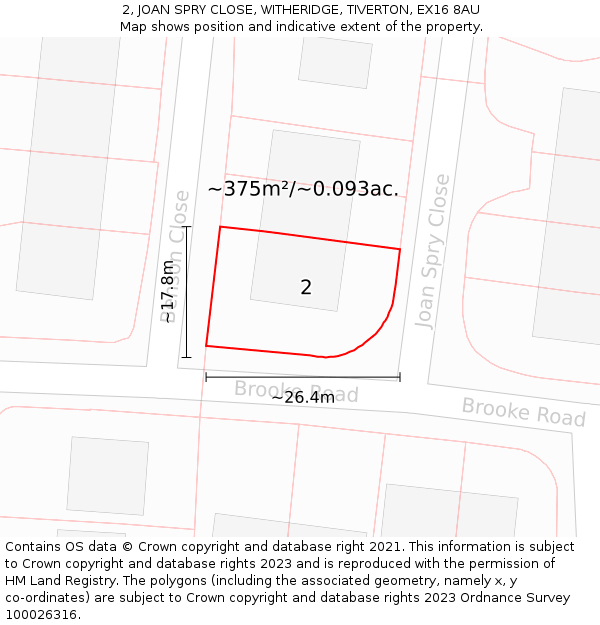 2, JOAN SPRY CLOSE, WITHERIDGE, TIVERTON, EX16 8AU: Plot and title map