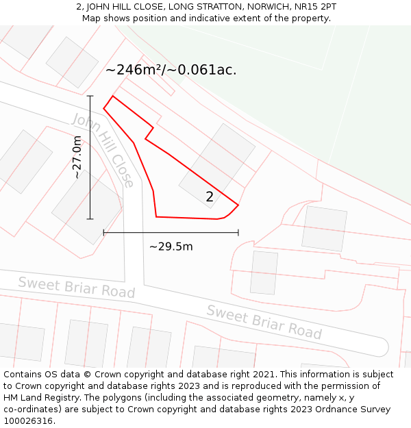 2, JOHN HILL CLOSE, LONG STRATTON, NORWICH, NR15 2PT: Plot and title map