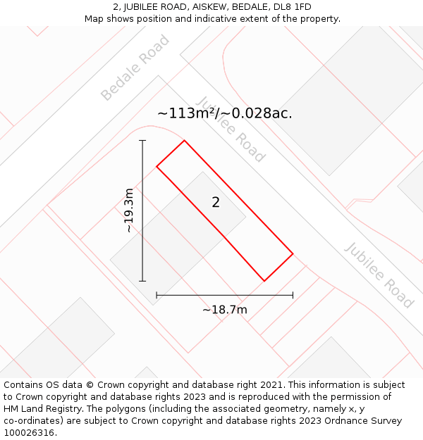 2, JUBILEE ROAD, AISKEW, BEDALE, DL8 1FD: Plot and title map