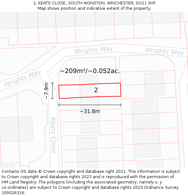 2, KEATS CLOSE, SOUTH WONSTON, WINCHESTER, SO21 3HF: Plot and title map