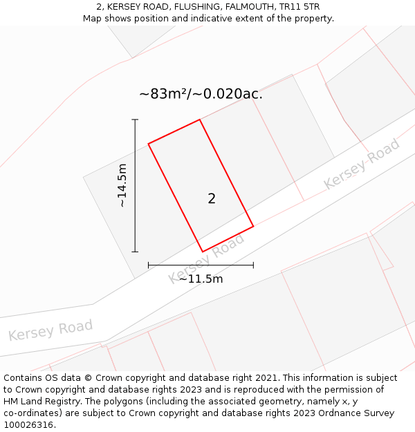 2, KERSEY ROAD, FLUSHING, FALMOUTH, TR11 5TR: Plot and title map