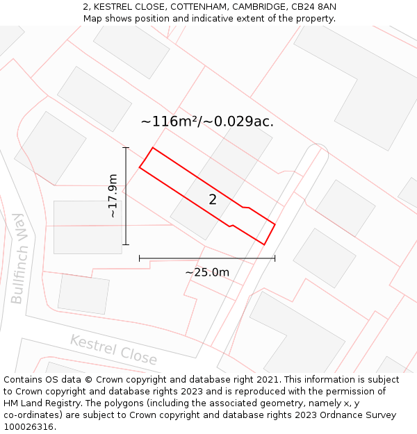 2, KESTREL CLOSE, COTTENHAM, CAMBRIDGE, CB24 8AN: Plot and title map