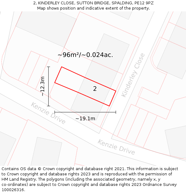 2, KINDERLEY CLOSE, SUTTON BRIDGE, SPALDING, PE12 9PZ: Plot and title map