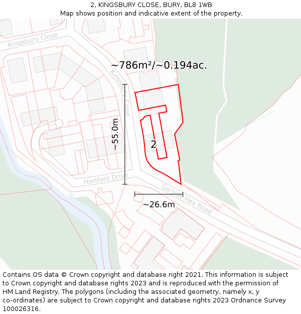 2, KINGSBURY CLOSE, BURY, BL8 1WB: Plot and title map