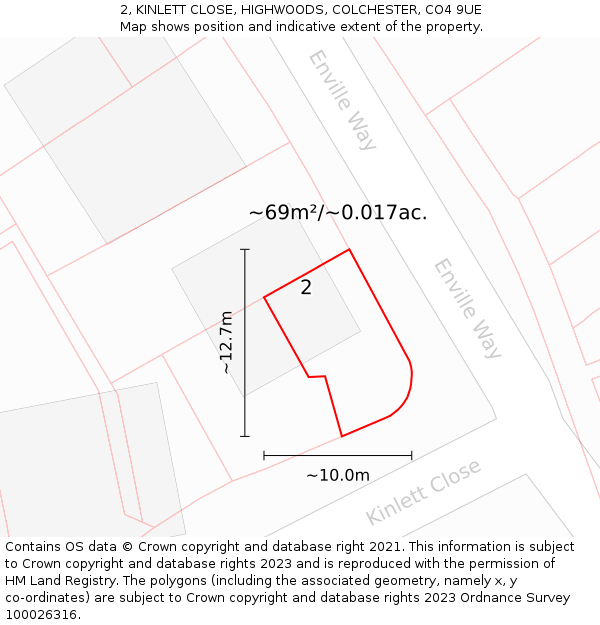 2, KINLETT CLOSE, HIGHWOODS, COLCHESTER, CO4 9UE: Plot and title map