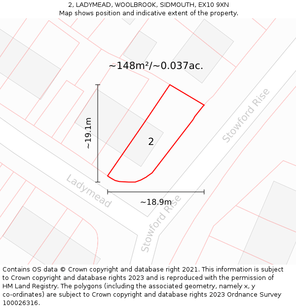 2, LADYMEAD, WOOLBROOK, SIDMOUTH, EX10 9XN: Plot and title map