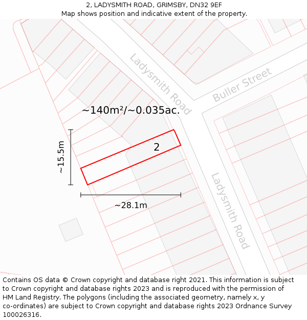 2, LADYSMITH ROAD, GRIMSBY, DN32 9EF: Plot and title map