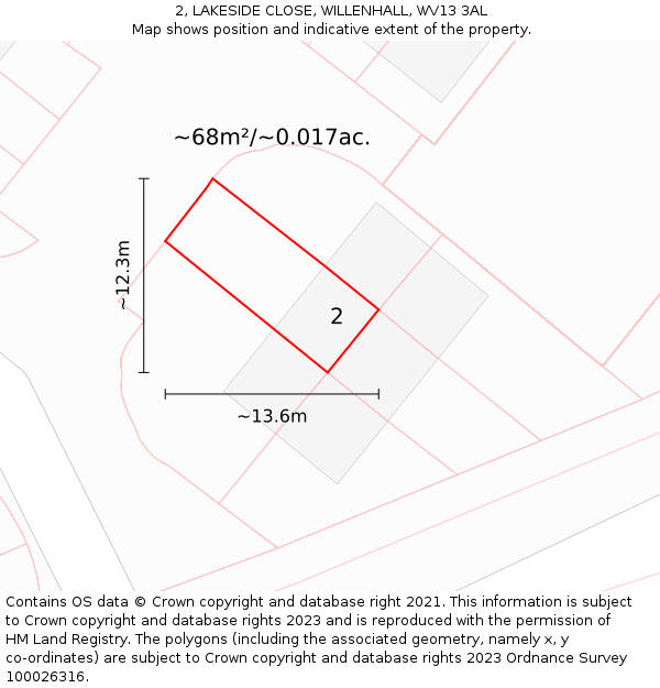 2, LAKESIDE CLOSE, WILLENHALL, WV13 3AL: Plot and title map