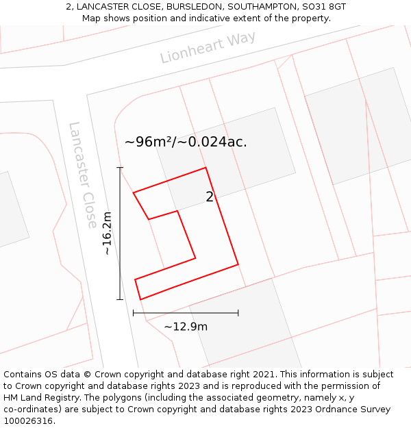 2, LANCASTER CLOSE, BURSLEDON, SOUTHAMPTON, SO31 8GT: Plot and title map