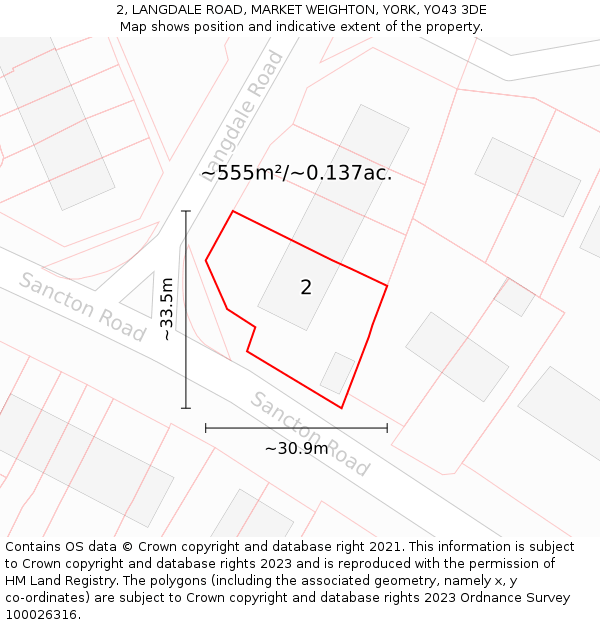 2, LANGDALE ROAD, MARKET WEIGHTON, YORK, YO43 3DE: Plot and title map