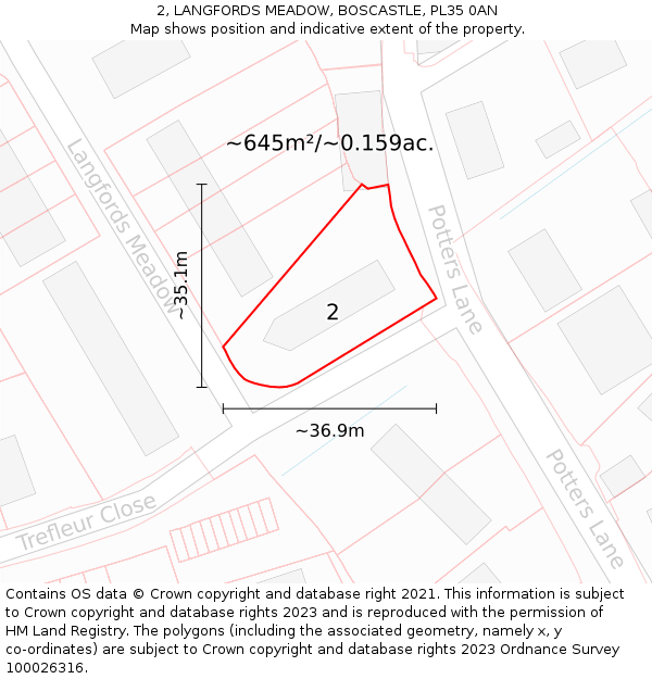 2, LANGFORDS MEADOW, BOSCASTLE, PL35 0AN: Plot and title map
