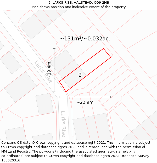 2, LARKS RISE, HALSTEAD, CO9 2HB: Plot and title map