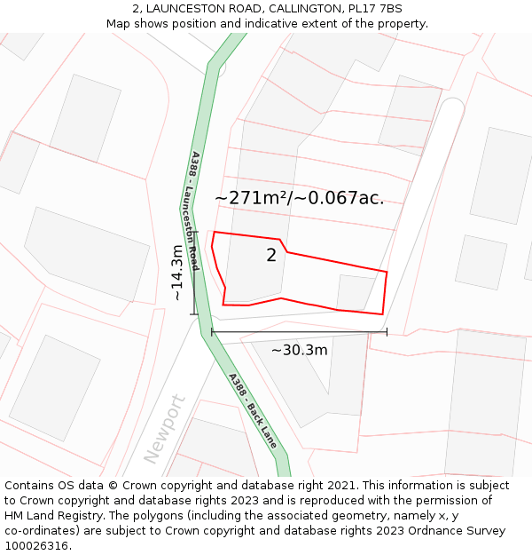 2, LAUNCESTON ROAD, CALLINGTON, PL17 7BS: Plot and title map