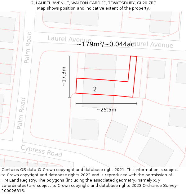 2, LAUREL AVENUE, WALTON CARDIFF, TEWKESBURY, GL20 7RE: Plot and title map