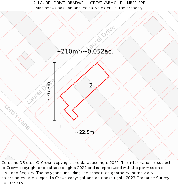2, LAUREL DRIVE, BRADWELL, GREAT YARMOUTH, NR31 8PB: Plot and title map