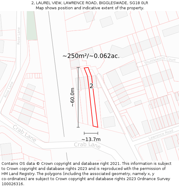 2, LAUREL VIEW, LAWRENCE ROAD, BIGGLESWADE, SG18 0LR: Plot and title map