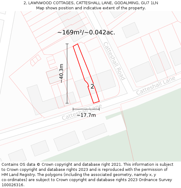 2, LAWNWOOD COTTAGES, CATTESHALL LANE, GODALMING, GU7 1LN: Plot and title map