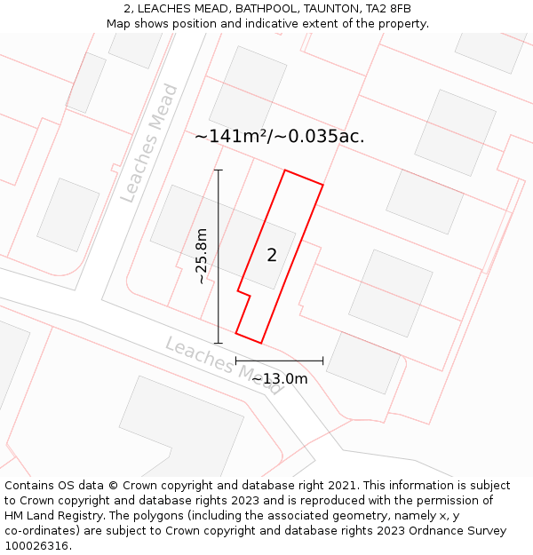 2, LEACHES MEAD, BATHPOOL, TAUNTON, TA2 8FB: Plot and title map