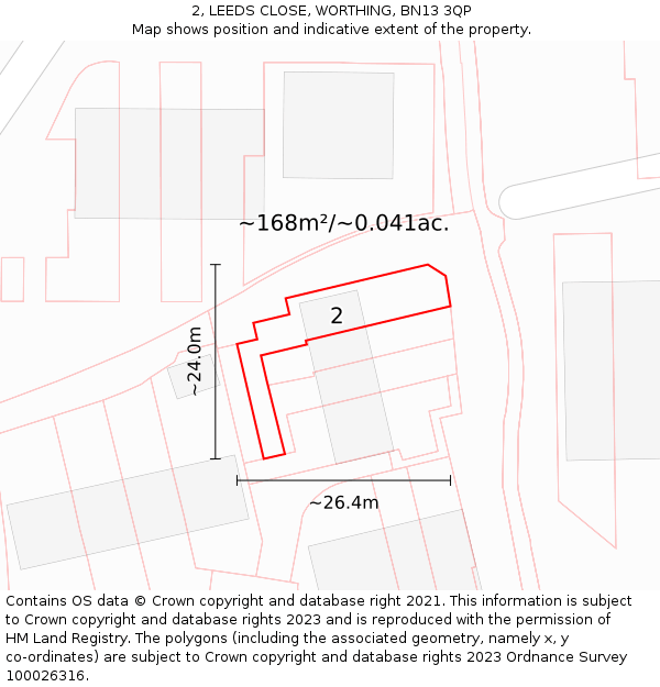 2, LEEDS CLOSE, WORTHING, BN13 3QP: Plot and title map