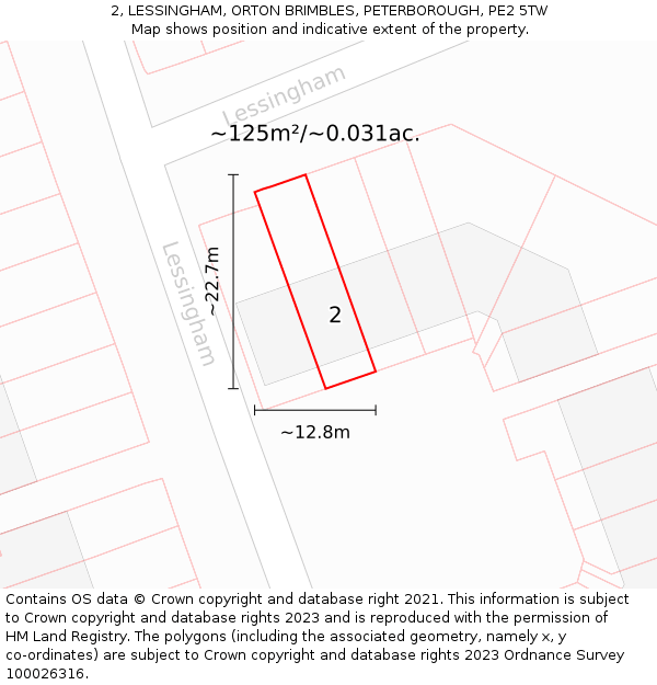 2, LESSINGHAM, ORTON BRIMBLES, PETERBOROUGH, PE2 5TW: Plot and title map