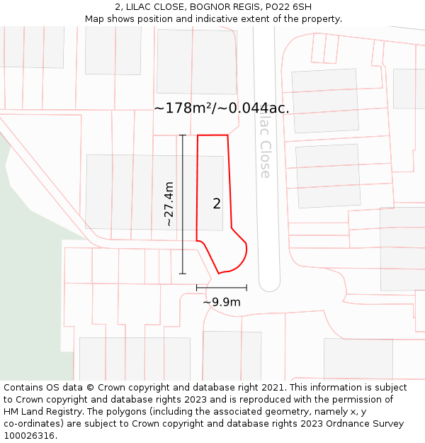 2, LILAC CLOSE, BOGNOR REGIS, PO22 6SH: Plot and title map
