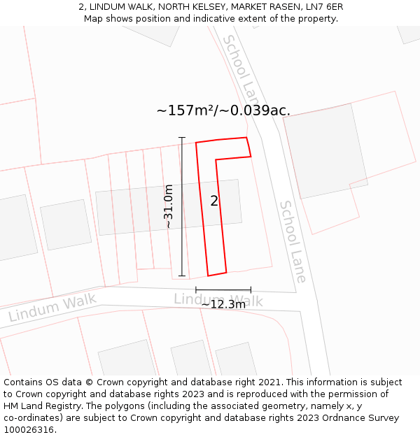 2, LINDUM WALK, NORTH KELSEY, MARKET RASEN, LN7 6ER: Plot and title map