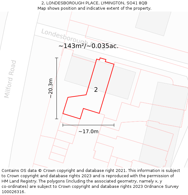 2, LONDESBOROUGH PLACE, LYMINGTON, SO41 8QB: Plot and title map
