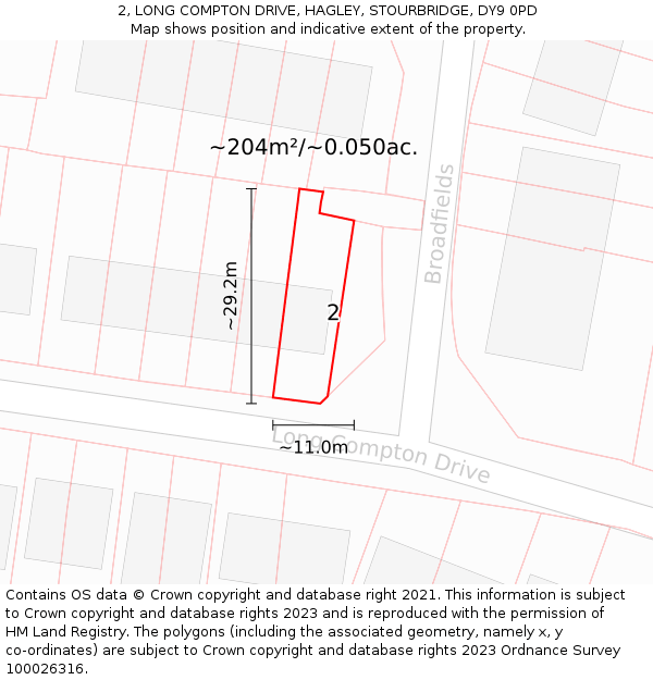2, LONG COMPTON DRIVE, HAGLEY, STOURBRIDGE, DY9 0PD: Plot and title map