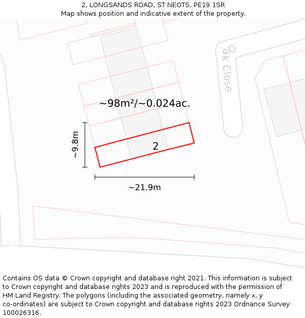 2, LONGSANDS ROAD, ST NEOTS, PE19 1SR: Plot and title map