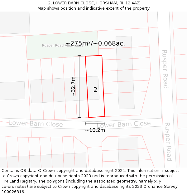 2, LOWER BARN CLOSE, HORSHAM, RH12 4AZ: Plot and title map