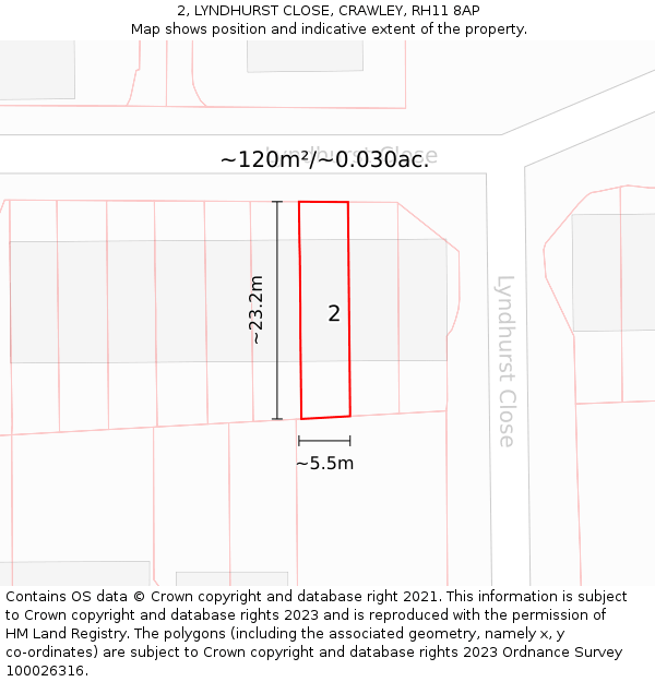 2, LYNDHURST CLOSE, CRAWLEY, RH11 8AP: Plot and title map
