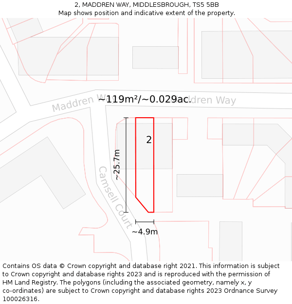 2, MADDREN WAY, MIDDLESBROUGH, TS5 5BB: Plot and title map