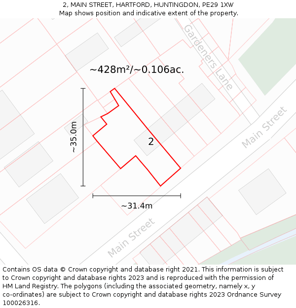 2, MAIN STREET, HARTFORD, HUNTINGDON, PE29 1XW: Plot and title map