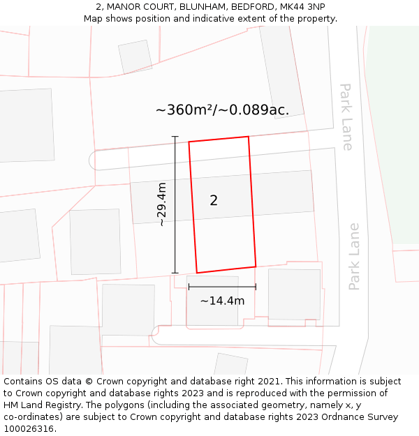 2, MANOR COURT, BLUNHAM, BEDFORD, MK44 3NP: Plot and title map