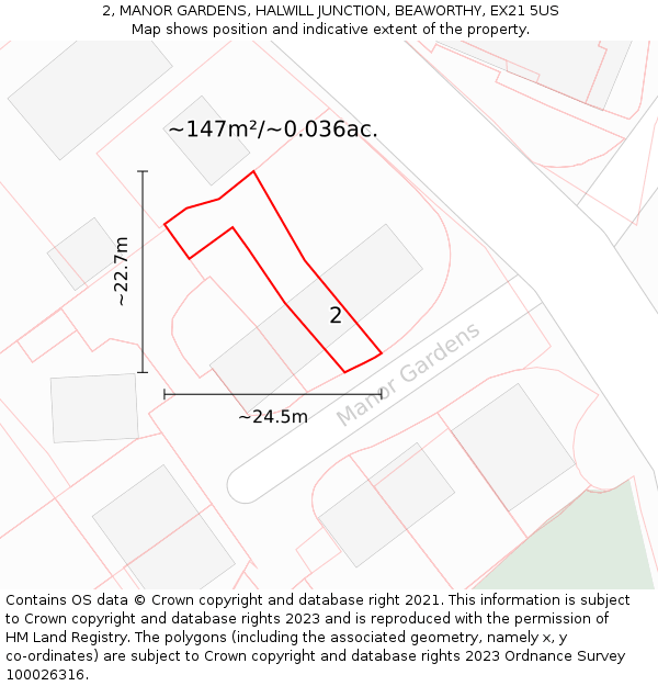 2, MANOR GARDENS, HALWILL JUNCTION, BEAWORTHY, EX21 5US: Plot and title map
