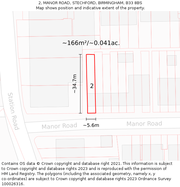 2, MANOR ROAD, STECHFORD, BIRMINGHAM, B33 8BS: Plot and title map