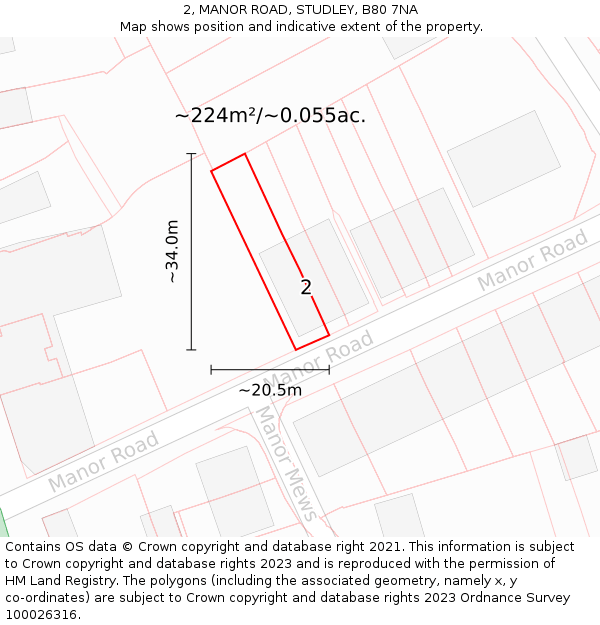 2, MANOR ROAD, STUDLEY, B80 7NA: Plot and title map