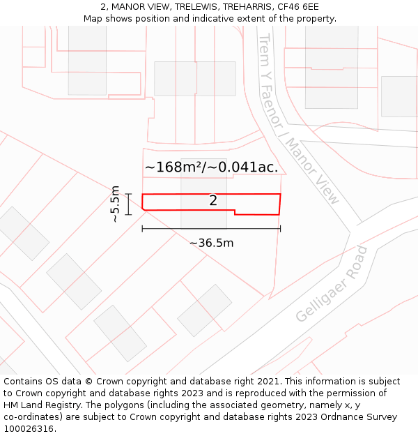 2, MANOR VIEW, TRELEWIS, TREHARRIS, CF46 6EE: Plot and title map