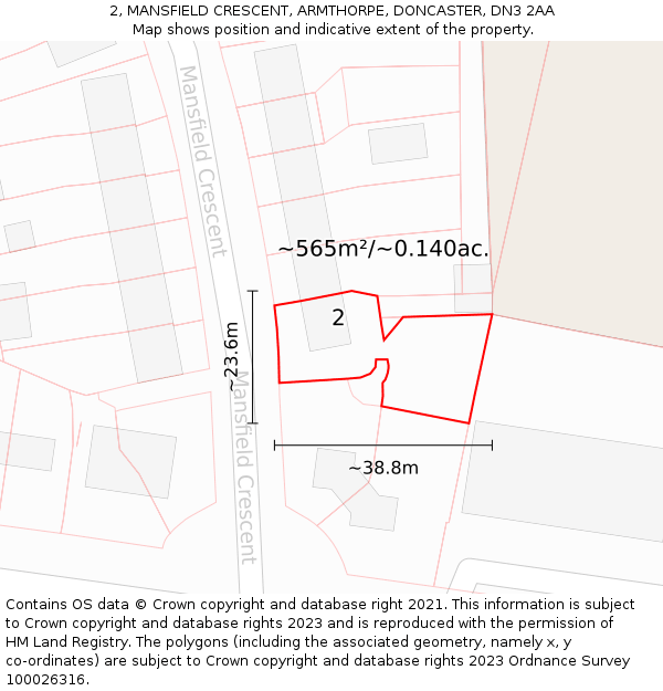 2, MANSFIELD CRESCENT, ARMTHORPE, DONCASTER, DN3 2AA: Plot and title map