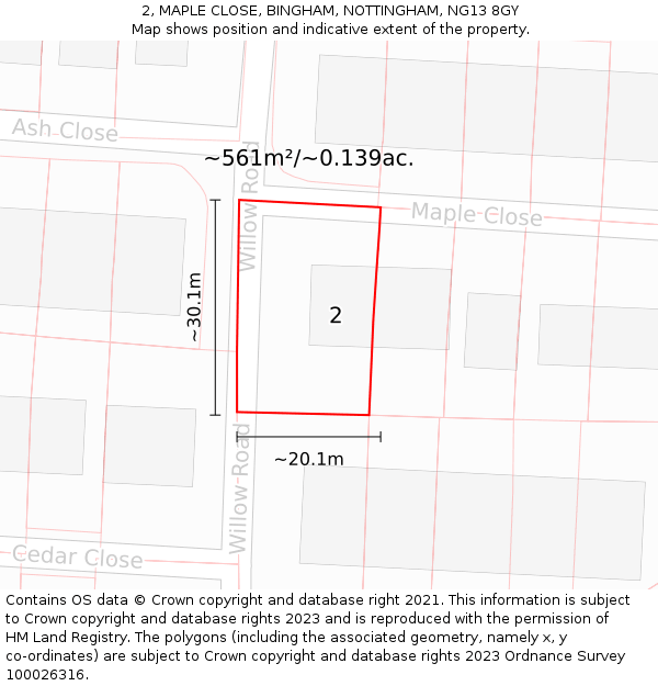 2, MAPLE CLOSE, BINGHAM, NOTTINGHAM, NG13 8GY: Plot and title map