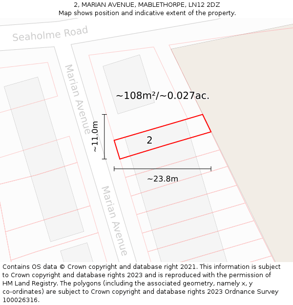 2, MARIAN AVENUE, MABLETHORPE, LN12 2DZ: Plot and title map