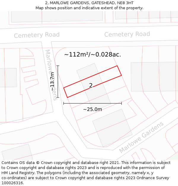 2, MARLOWE GARDENS, GATESHEAD, NE8 3HT: Plot and title map
